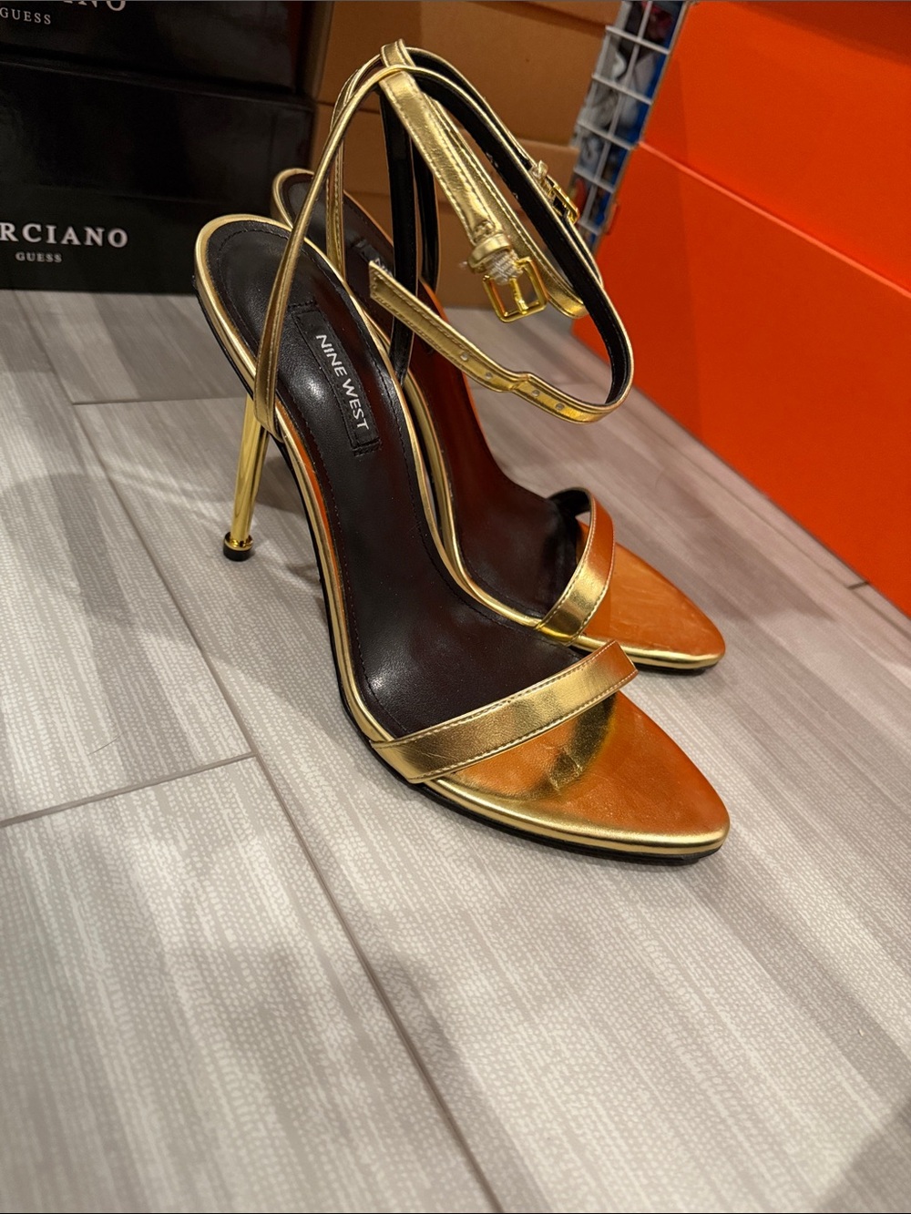 Nine West Gold Metallic Open-Toe Stiletto Reina Sandal